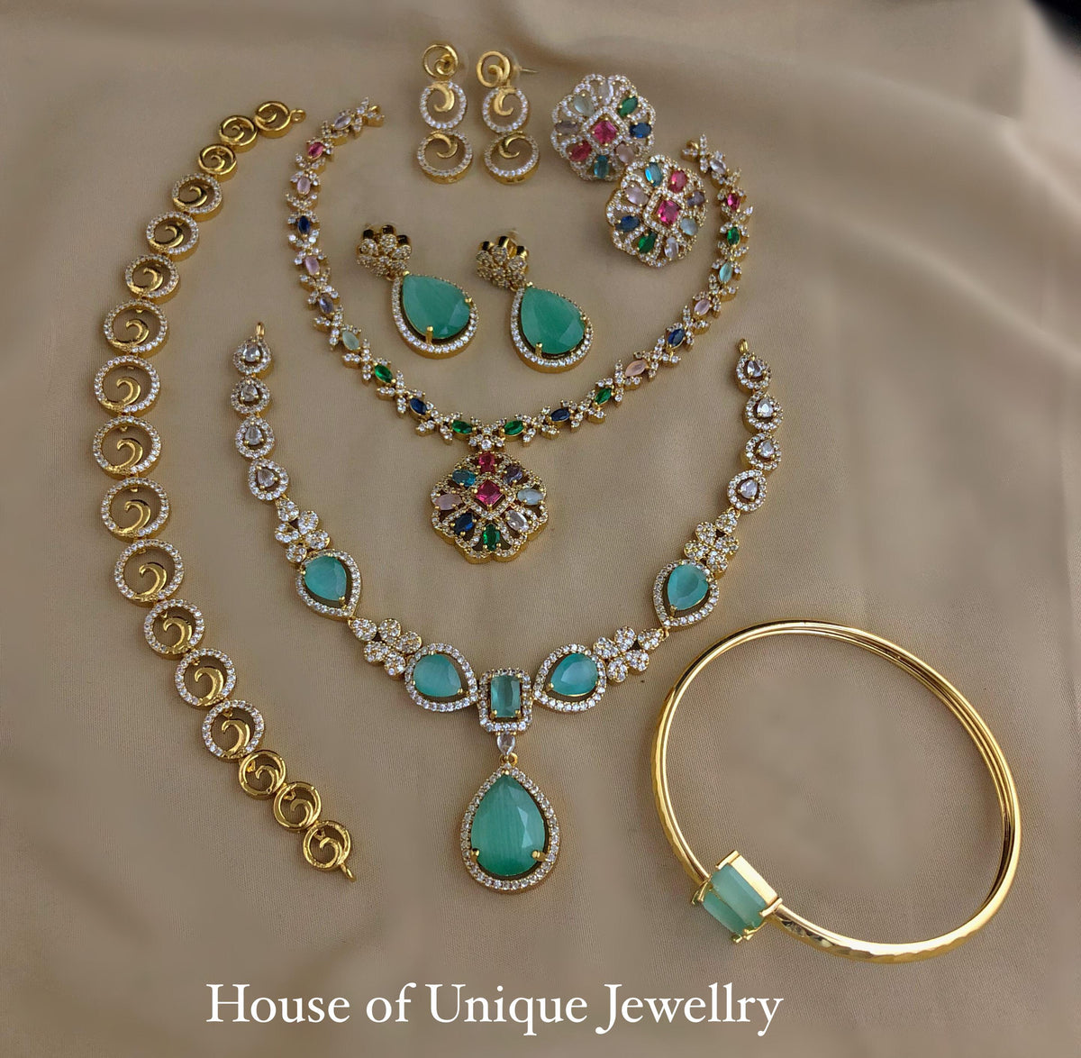 C-11 Gold Plated AD CZ 3 Necklace & Bracelet Combo | Matte Finish Jewelry