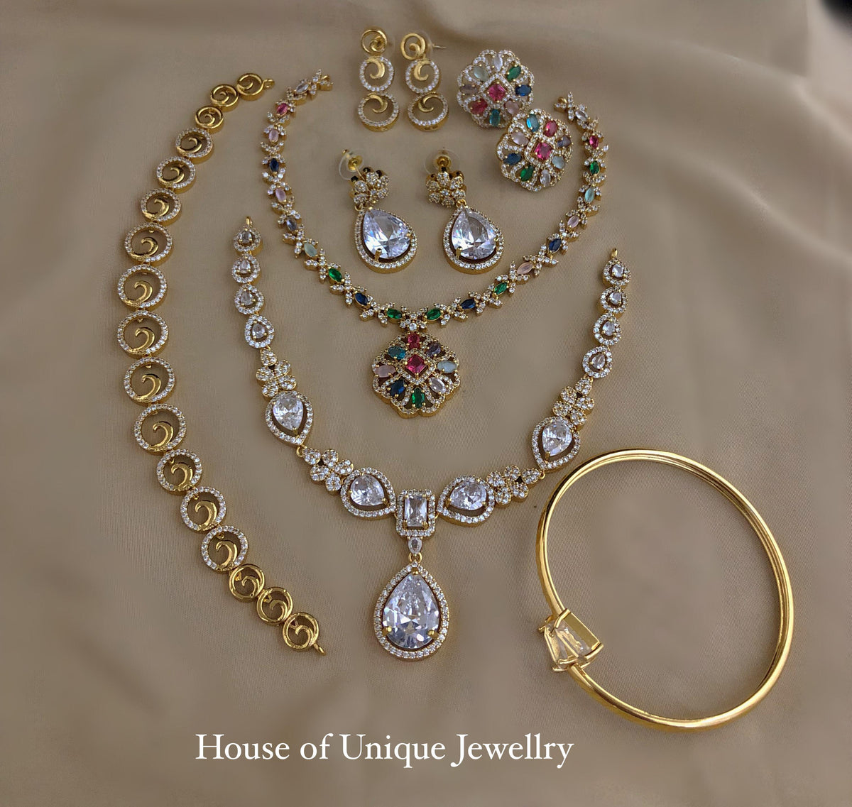 C-11 Gold Plated AD CZ 3 Necklace & Bracelet Combo | Matte Finish Jewelry