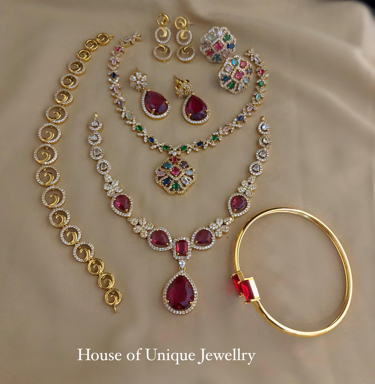 C-11 Gold Plated AD CZ 3 Necklace & Bracelet Combo | Matte Finish Jewelry