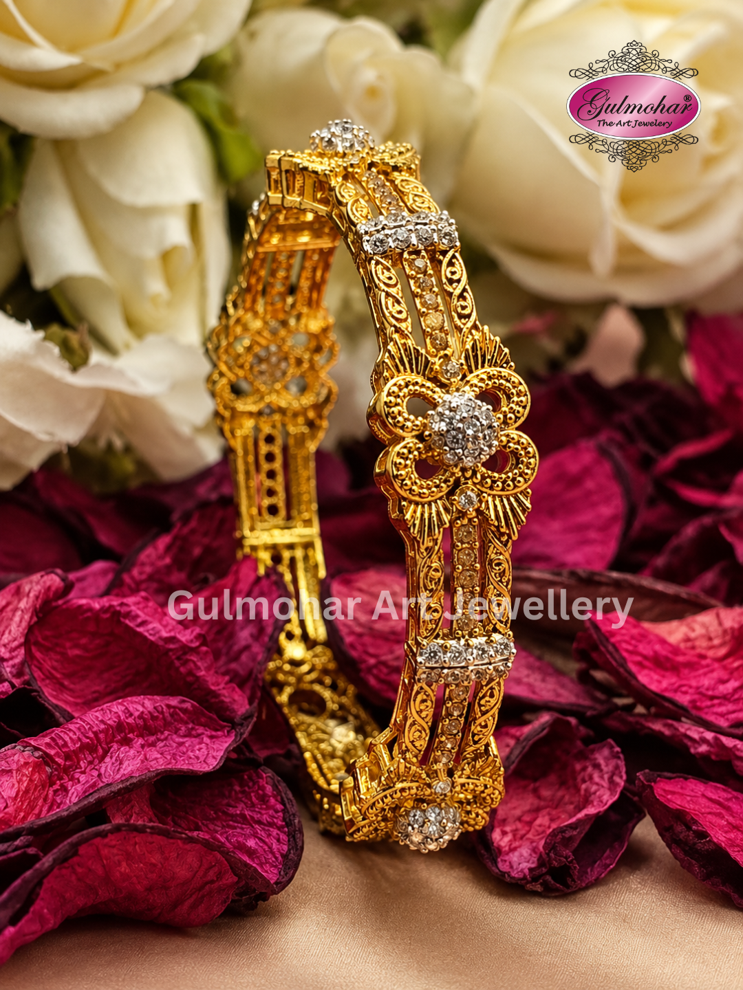 ADB-01: Gold-Plated Matte Finish Champagne AD & White CZ Stone Designer Bangle