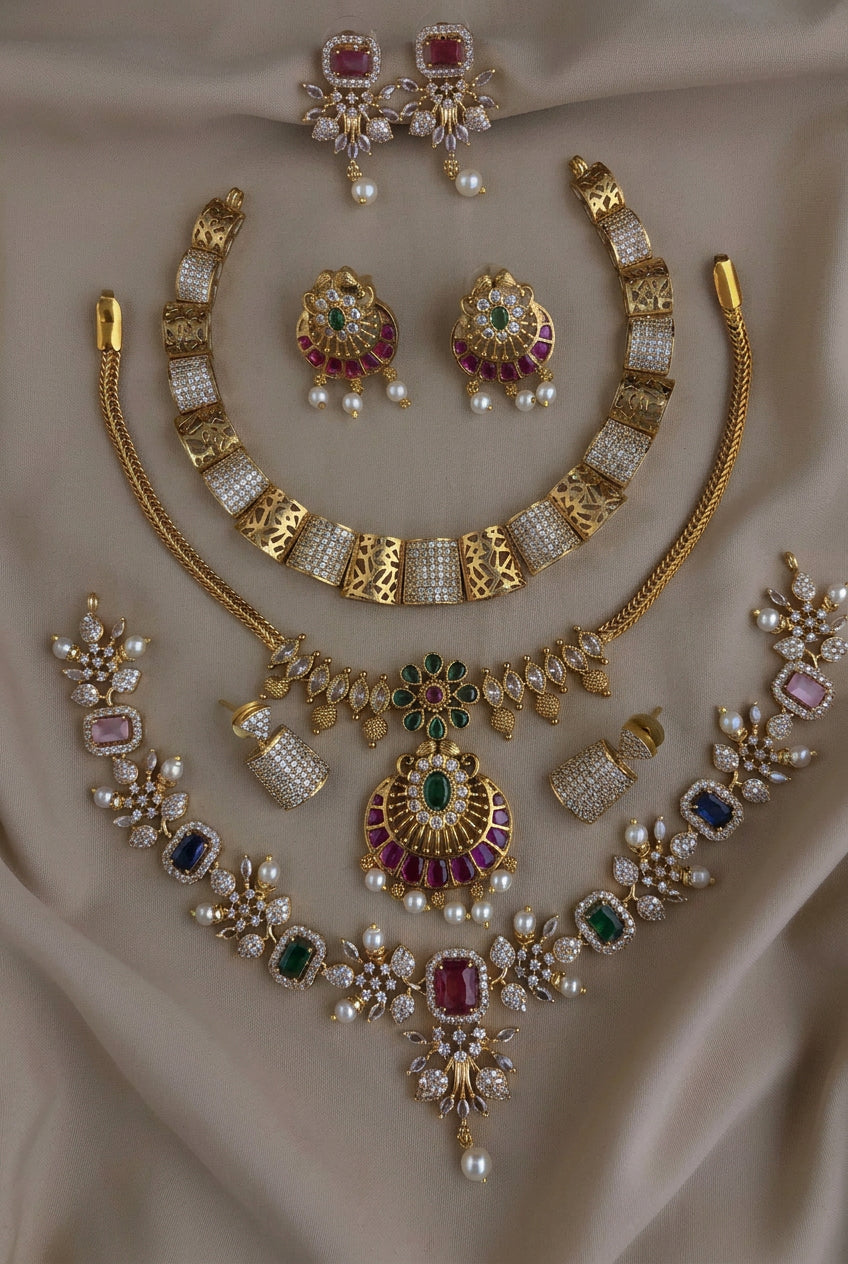 C-13: Gold Plated AD CZ 3 Statement Necklace Set Combo | Matte Finish
