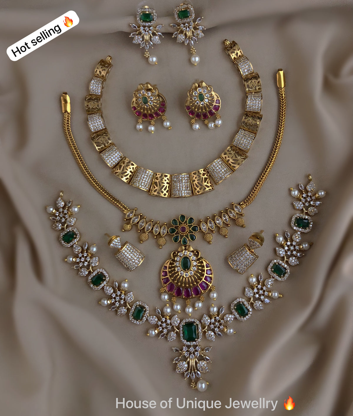 C-13: Gold Plated AD CZ 3 Statement Necklace Set Combo | Matte Finish
