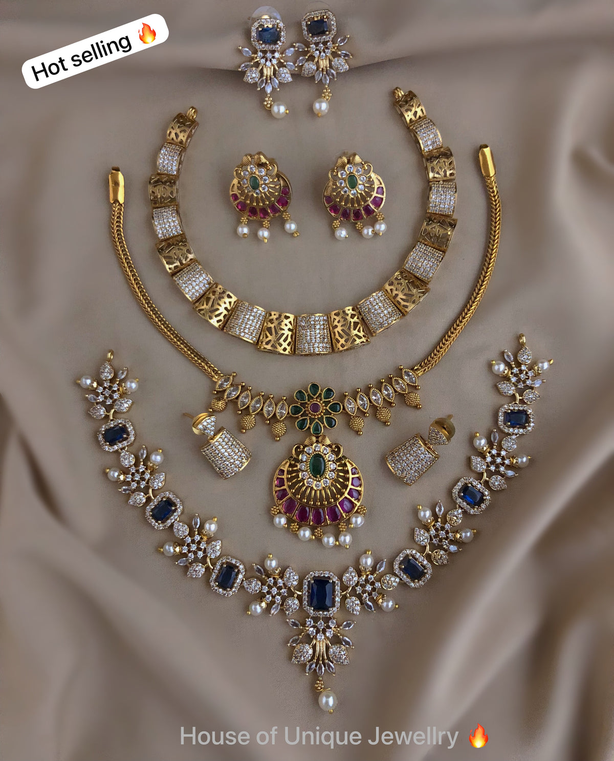 C-13: Gold Plated AD CZ 3 Statement Necklace Set Combo | Matte Finish