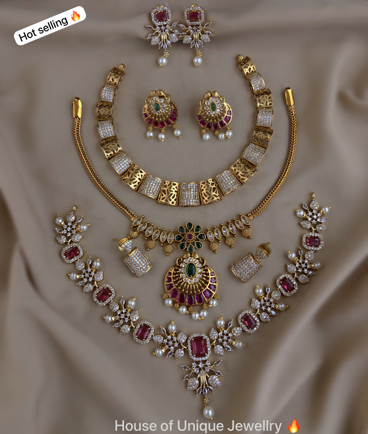 C-13: Gold Plated AD CZ 3 Statement Necklace Set Combo | Matte Finish