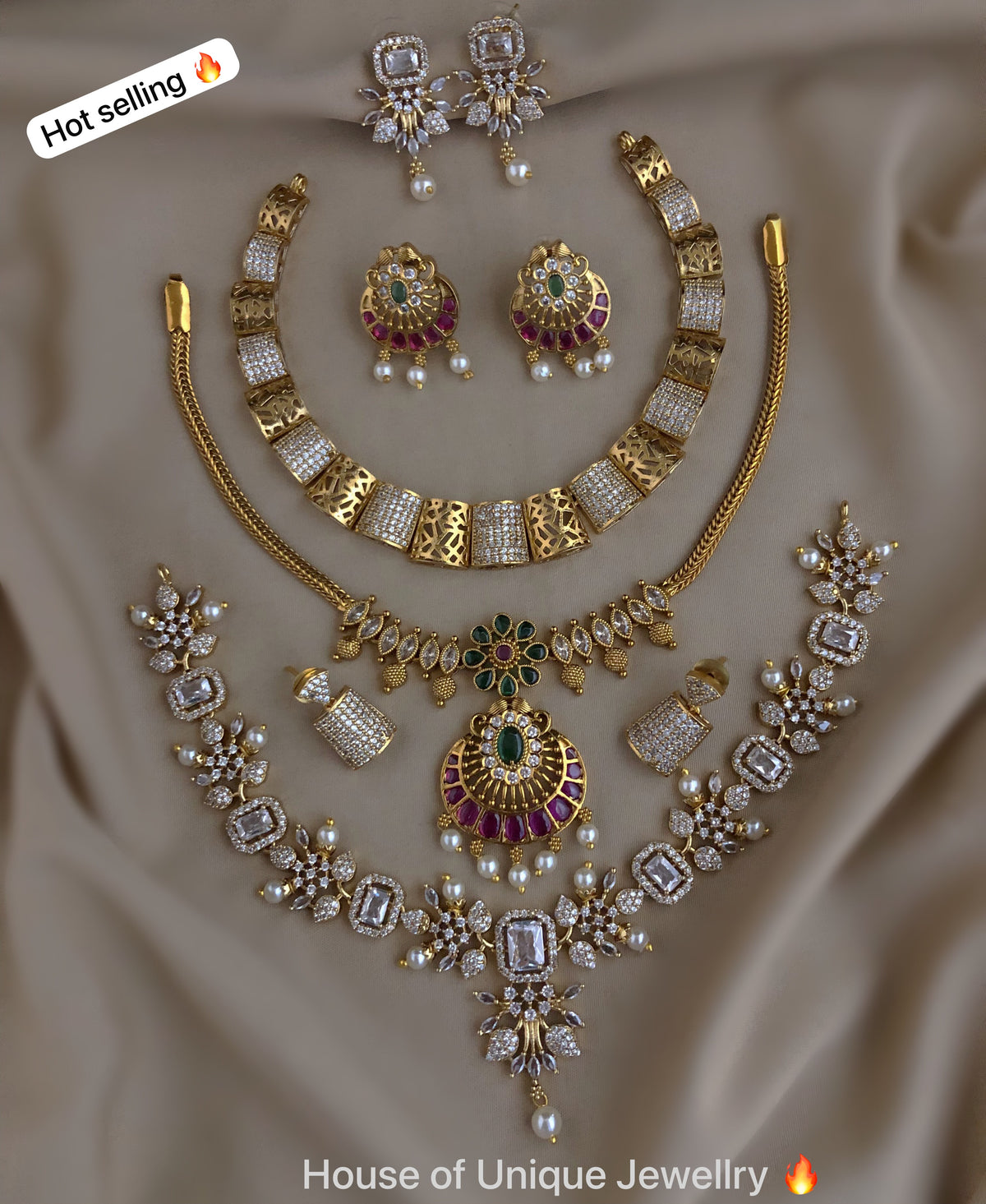 C-13: Gold Plated AD CZ 3 Statement Necklace Set Combo | Matte Finish