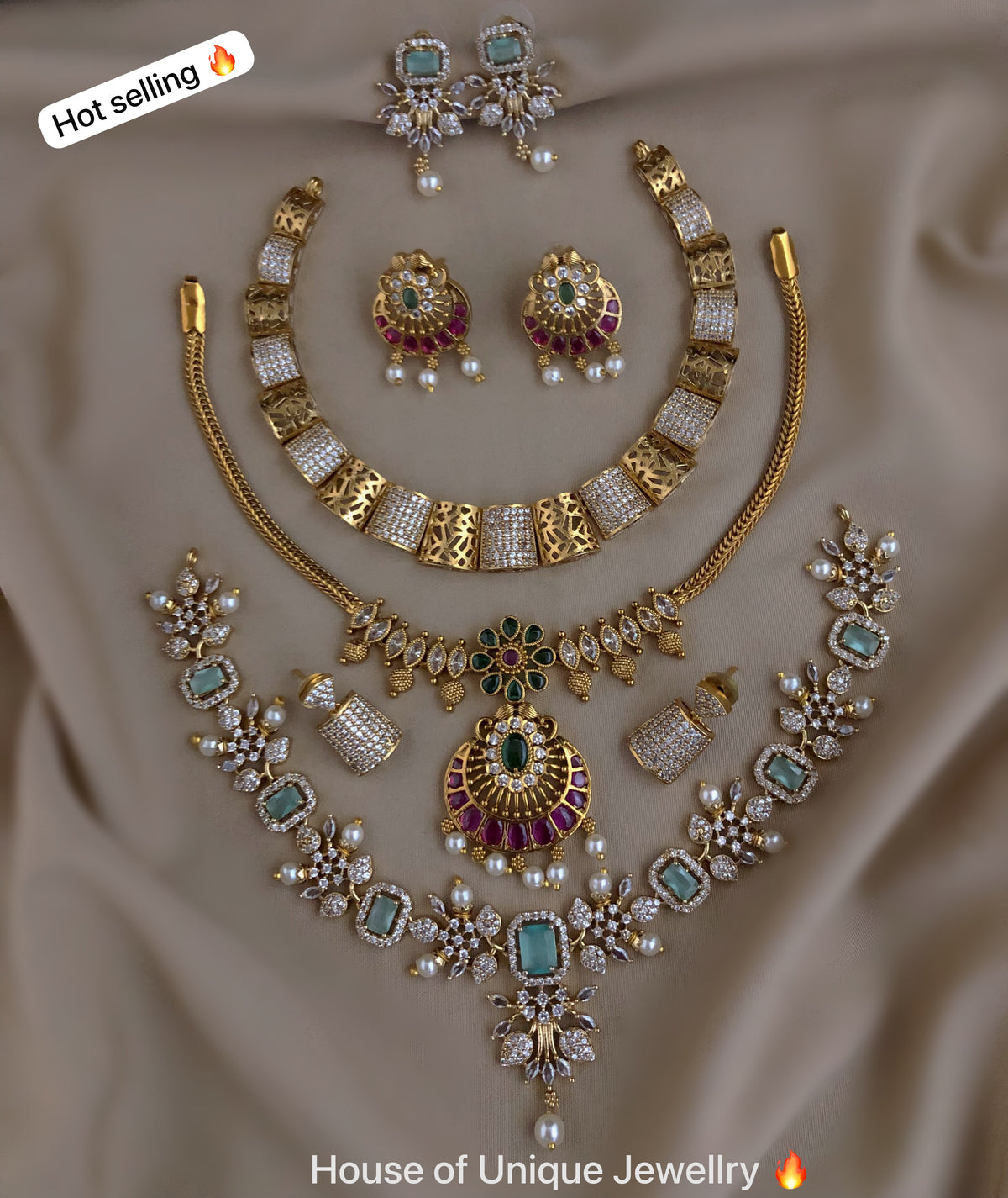 C-13: Gold Plated AD CZ 3 Statement Necklace Set Combo | Matte Finish
