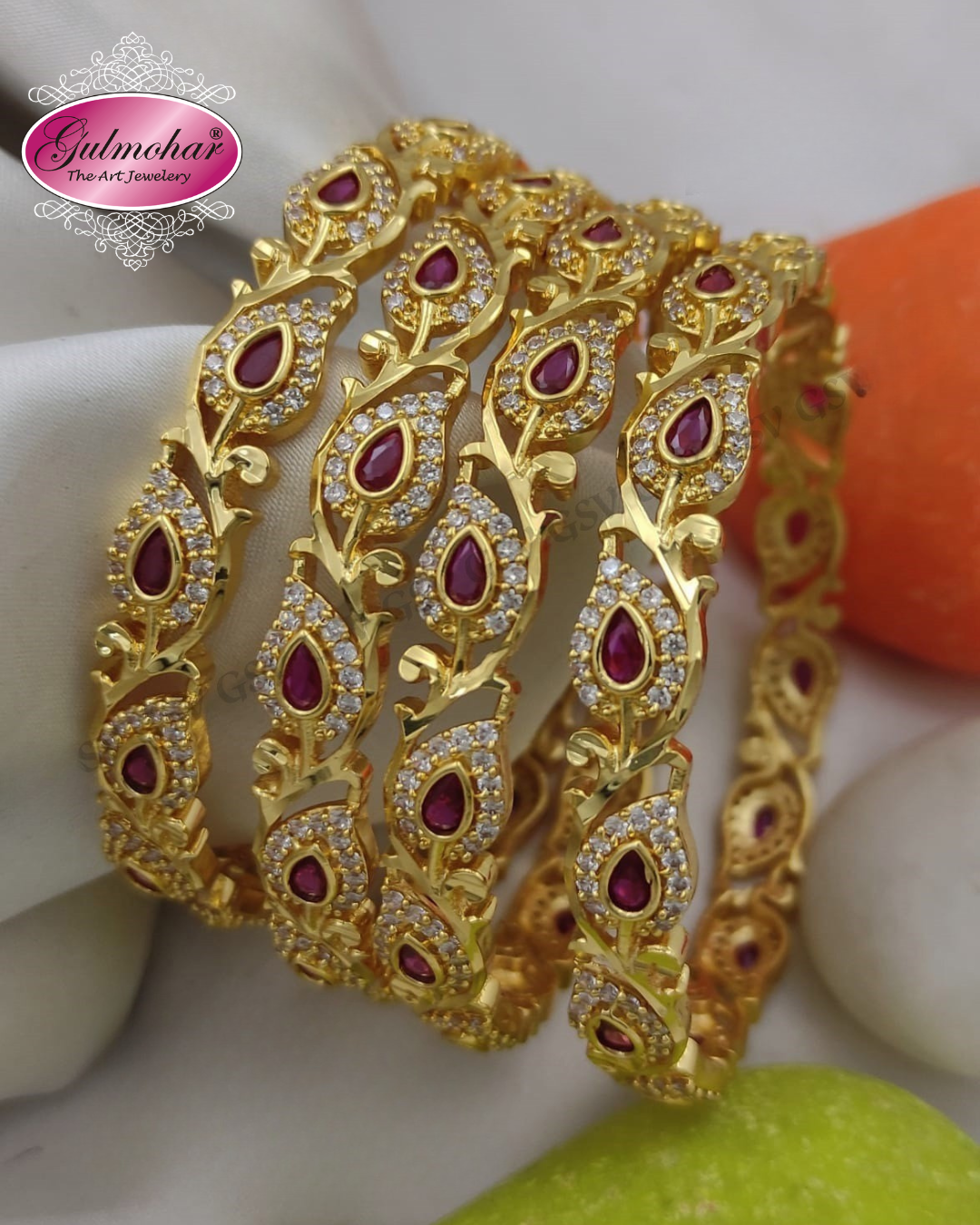 BG-08 Ruby Leaf Bangles | CZ & Kemp 4-Piece South Indian Set
