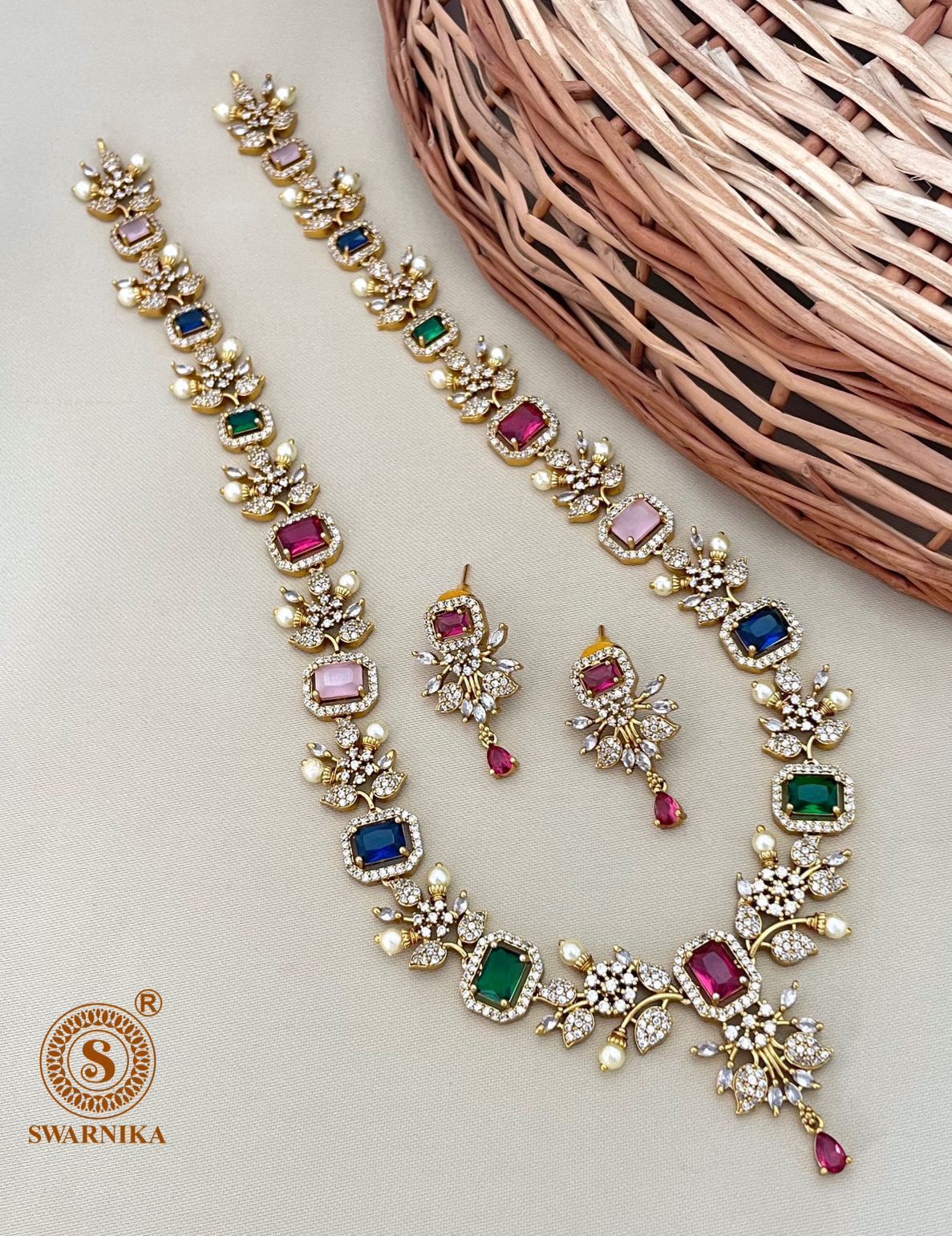S-30: Elegant Gold-Plated AD & CZ Long Necklace Set | Gulmohar Art