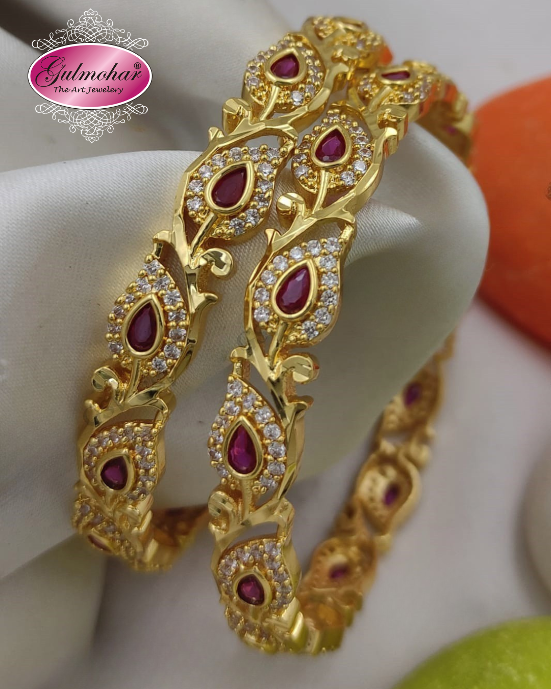 BG-08 Ruby Leaf Bangles | CZ & Kemp 4-Piece South Indian Set