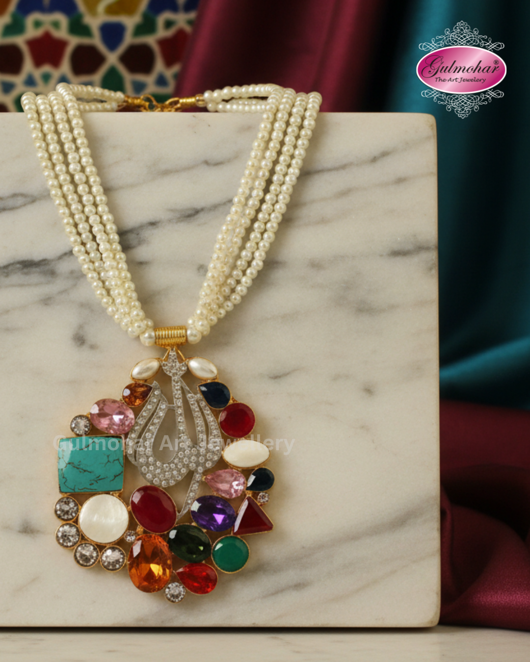 P-01: Allah Name Pendant Necklace with Pearl String | Gold Plated AD Stone Pendant