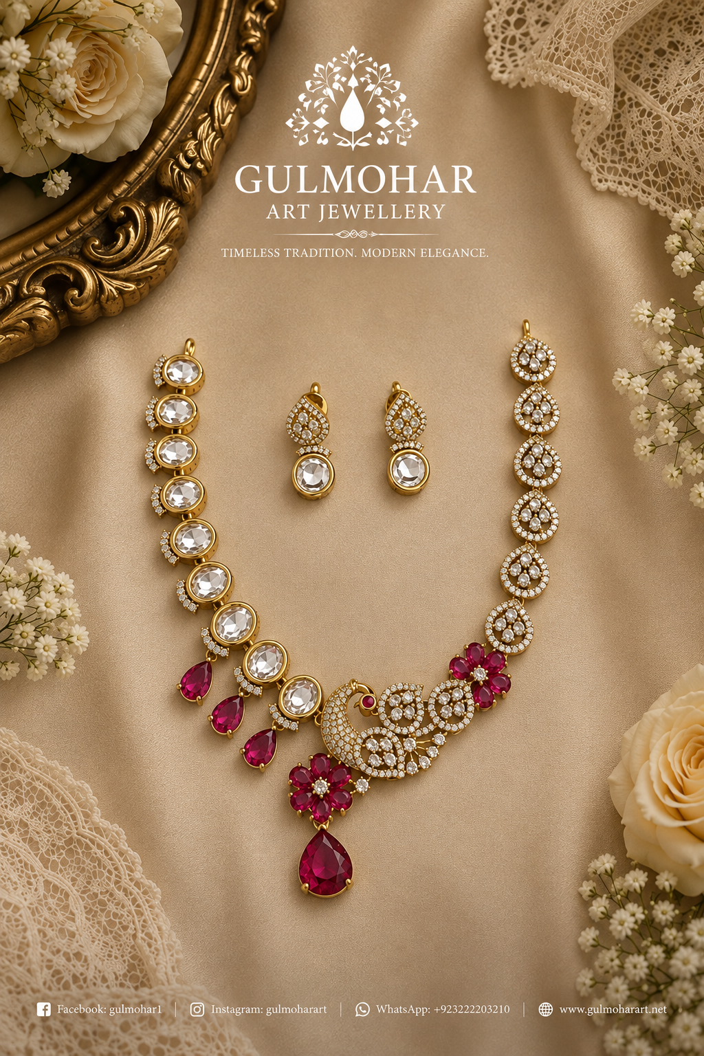 S-36: Gold Plated Peacock AD Kundan Necklace Set