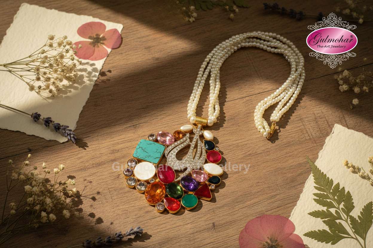 P-01: Allah Name Pendant Necklace with Pearl String | Gold Plated AD Stone Pendant