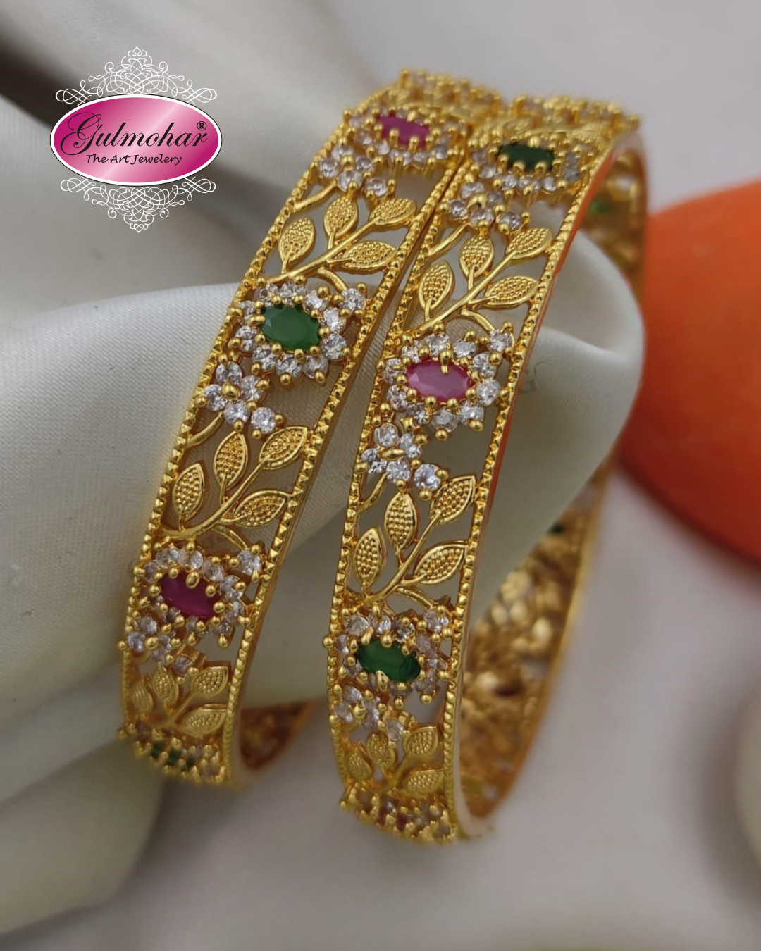 BG-11 Ruby Emerald Floral Bangles | CZ & AD 2-Piece Set