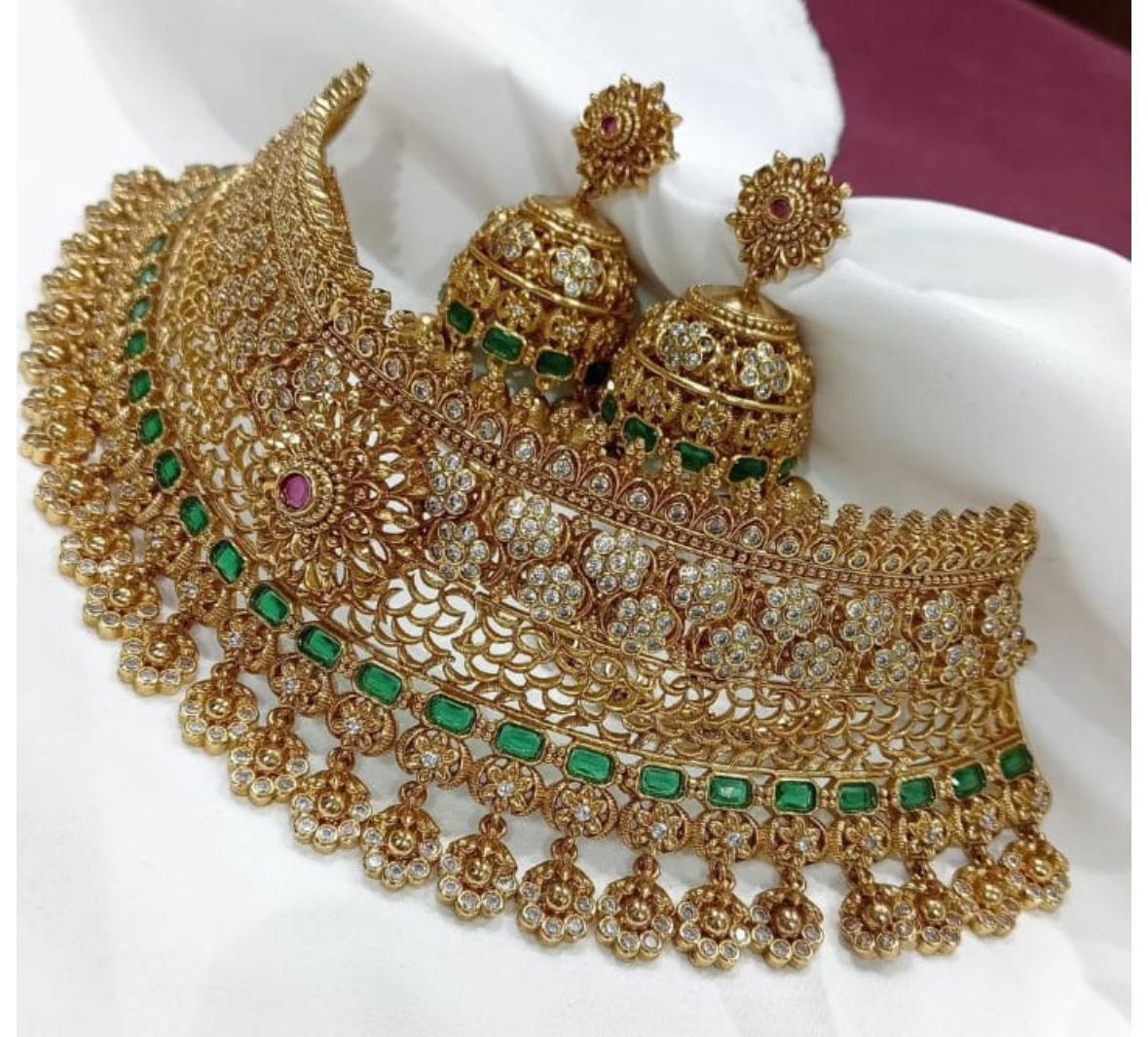 S-09: Antique Gold Plated CZ & Stone Choker Set | Traditional Bridal Jewellery