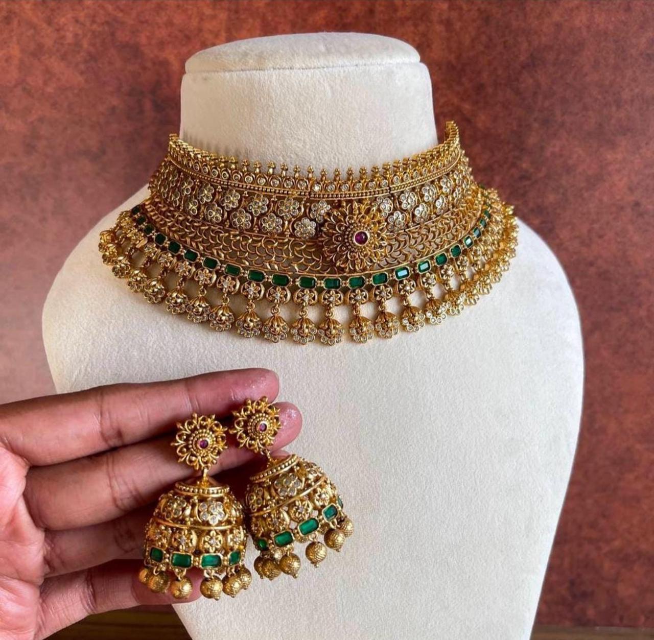 S-09: Antique Gold Plated CZ & Stone Choker Set | Traditional Bridal Jewellery