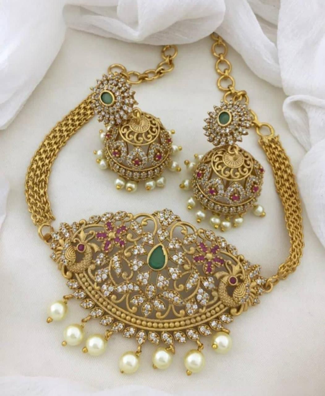 S-19: Mini Gold Plated Choker Set with AD & CZ Jhumki Earrings