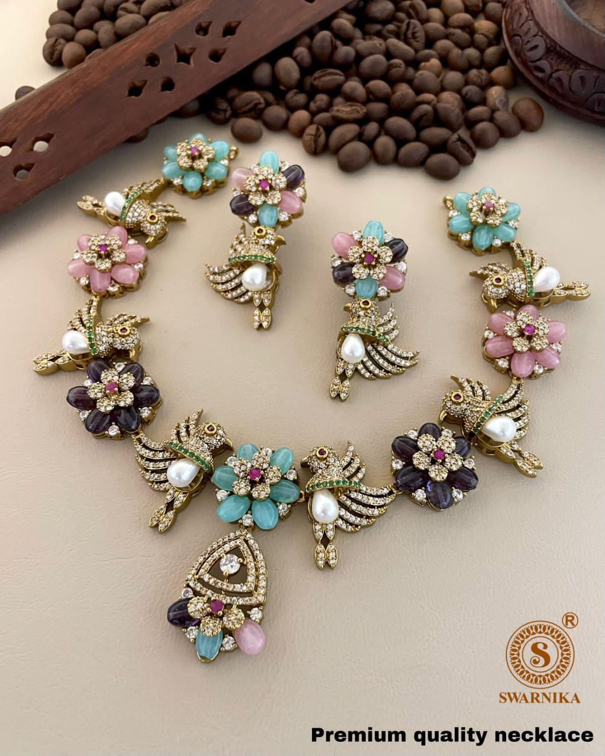 S-37: Exquisite Gold-Plated Fusion Bird & Floral Necklace Set | Gulmohar Art