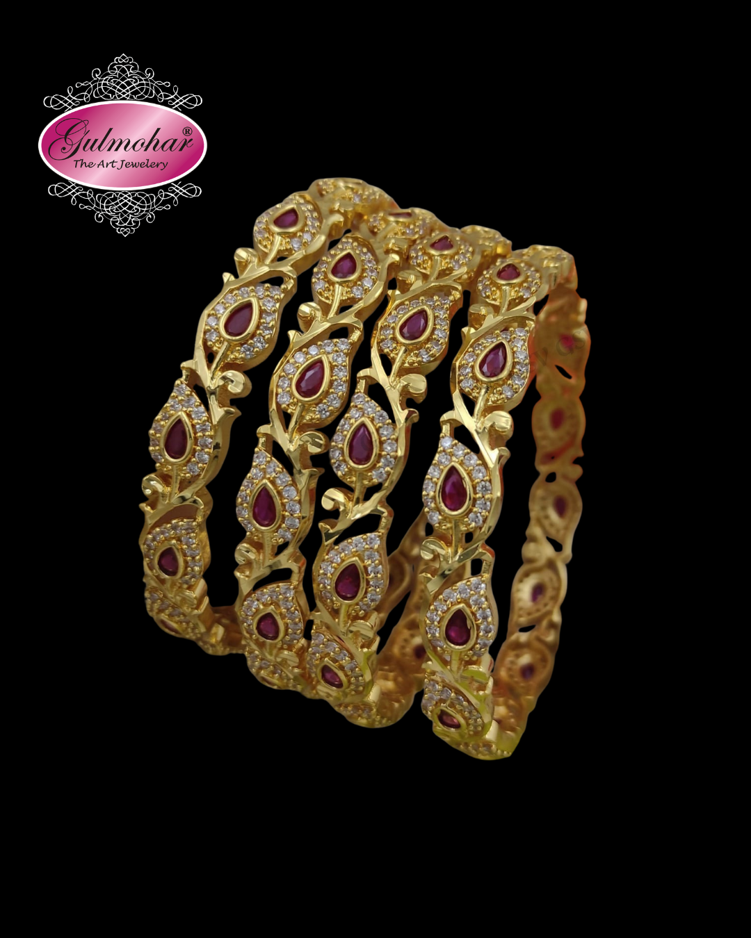 BG-08 Ruby Leaf Bangles | CZ & Kemp 4-Piece South Indian Set
