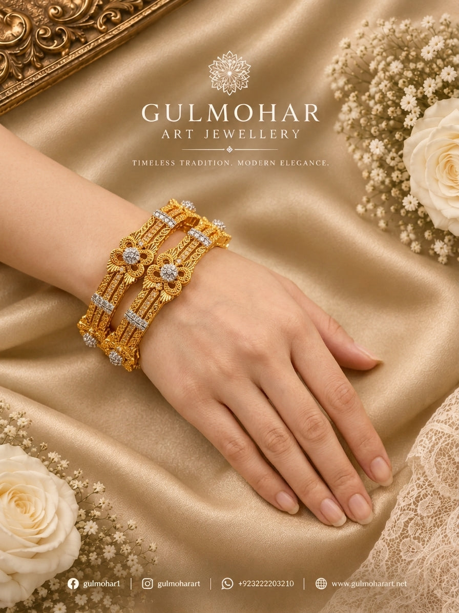 ADB-04: Gold-Plated Champagne AD & White CZ Bangle Pair | Gulmohar Art Jewellery