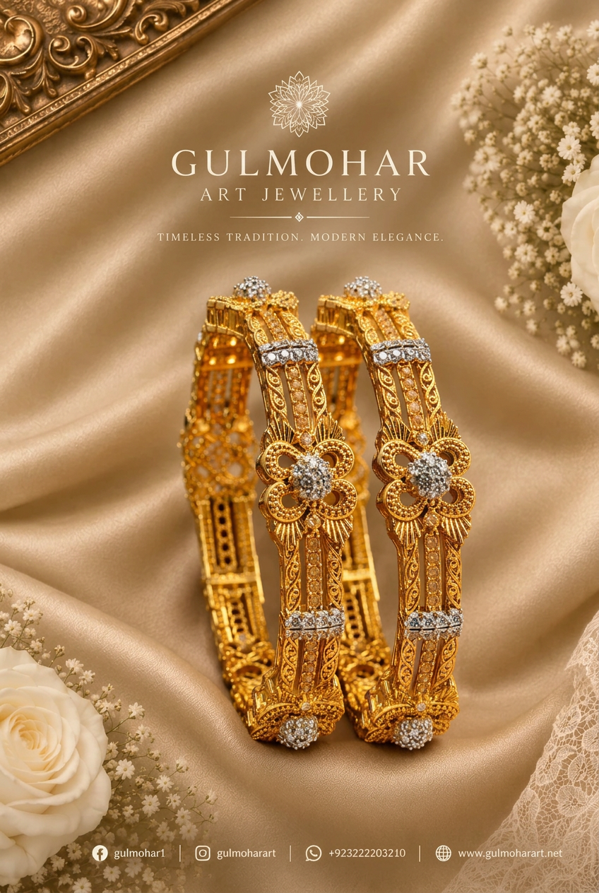 ADB-04: Gold-Plated Champagne AD & White CZ Bangle Pair | Gulmohar Art Jewellery