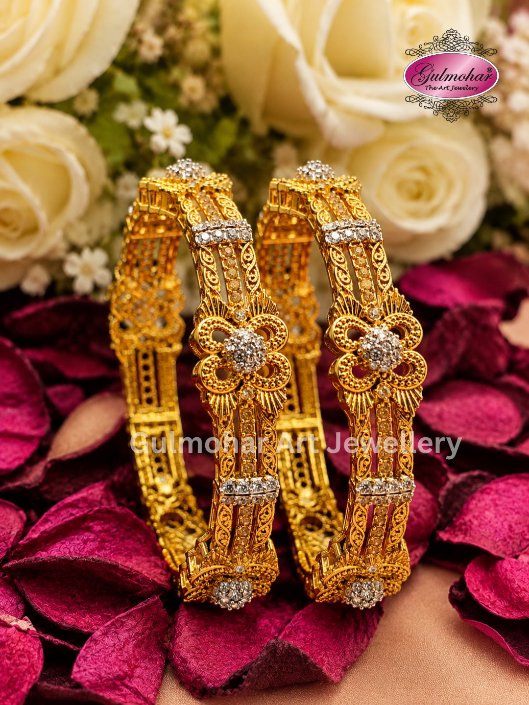 ADB-04: Gold-Plated Champagne AD & White CZ Bangle Pair | Gulmohar Art Jewellery