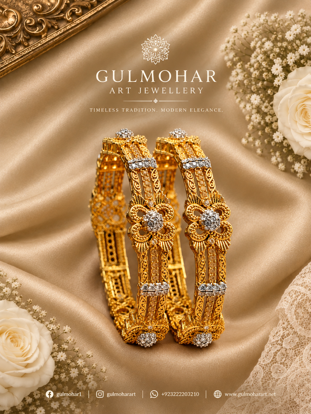 ADB-04: Gold-Plated Champagne AD & White CZ Bangle Pair | Gulmohar Art Jewellery