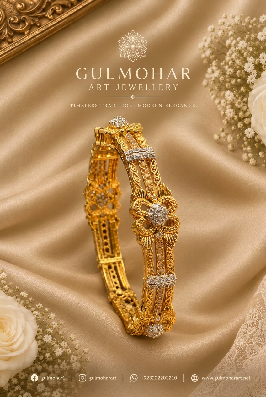 ADB-01: Gold-Plated Matte Finish Champagne AD & White CZ Stone Designer Bangle