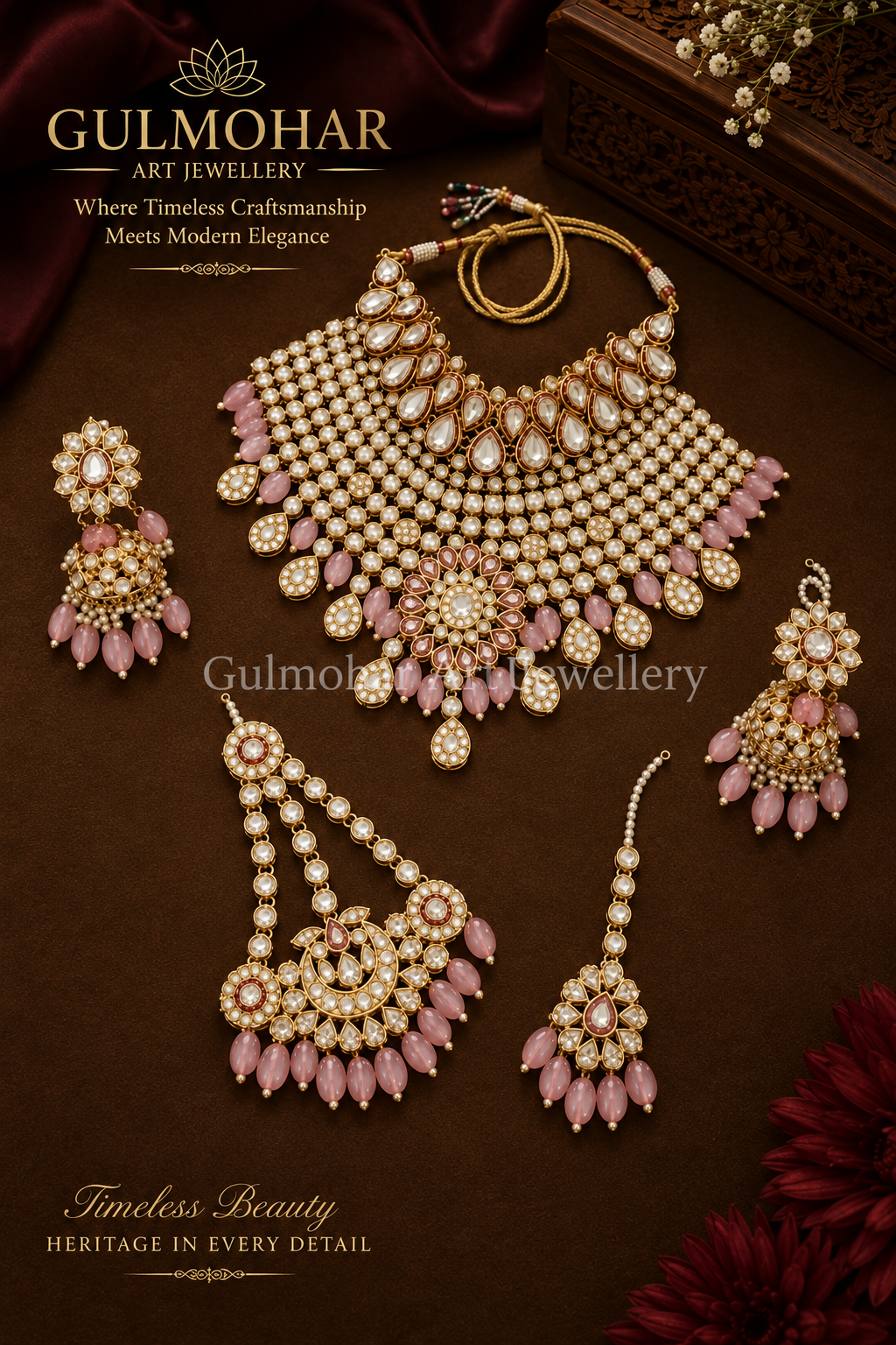 A Gulmohar Art Jewellery bridal set featuring a gold-plated necklace, earrings, and a matching pendant, embellished with white stones and deep red teardrop accents, displayed on a dark brown textured background.