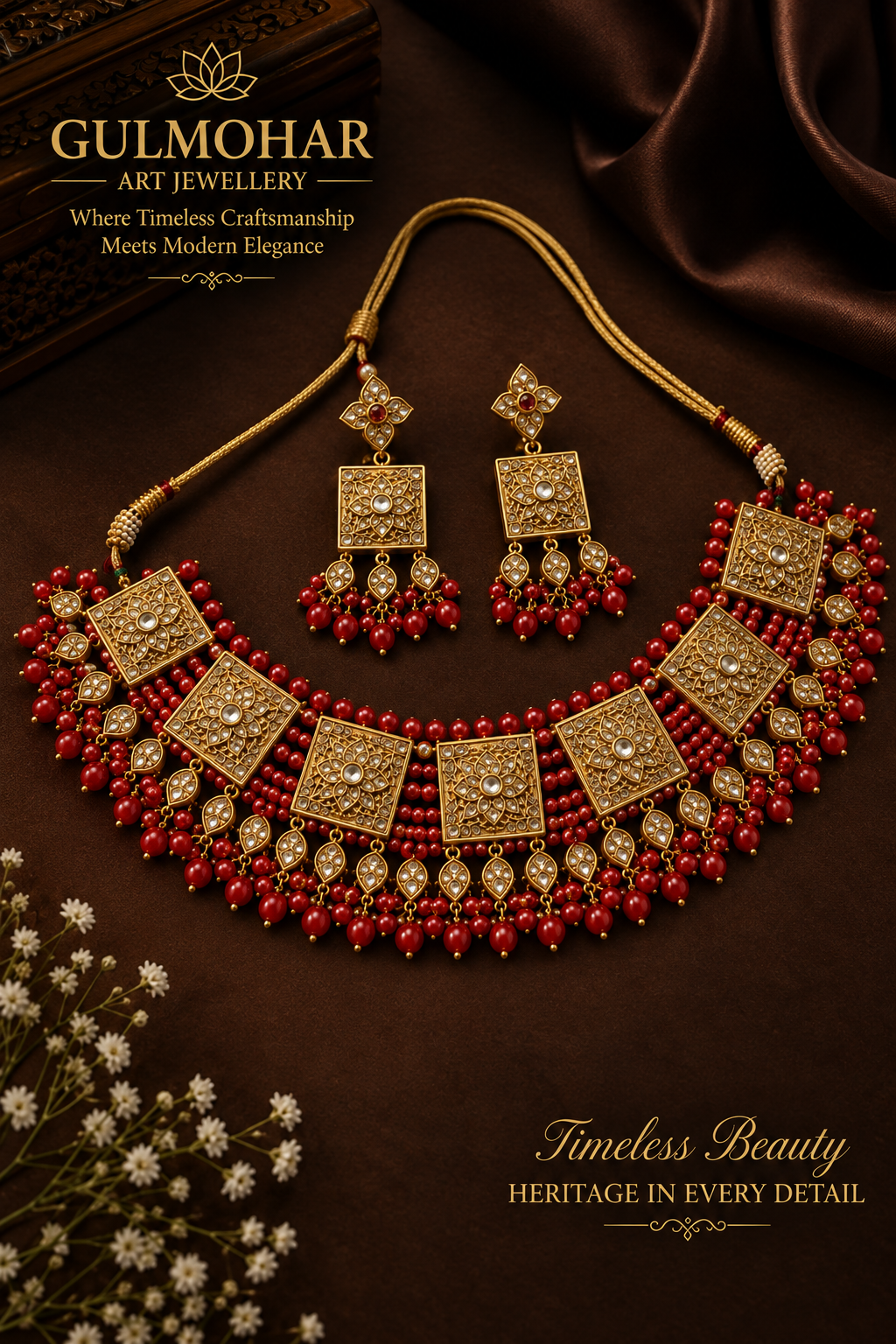 A traditional Indian gold necklace and matching earrings set with white pearls, displayed on a dark brown textured background. The brand name 'GULMOHAR ART JEWELLERY' is visible at the top left.