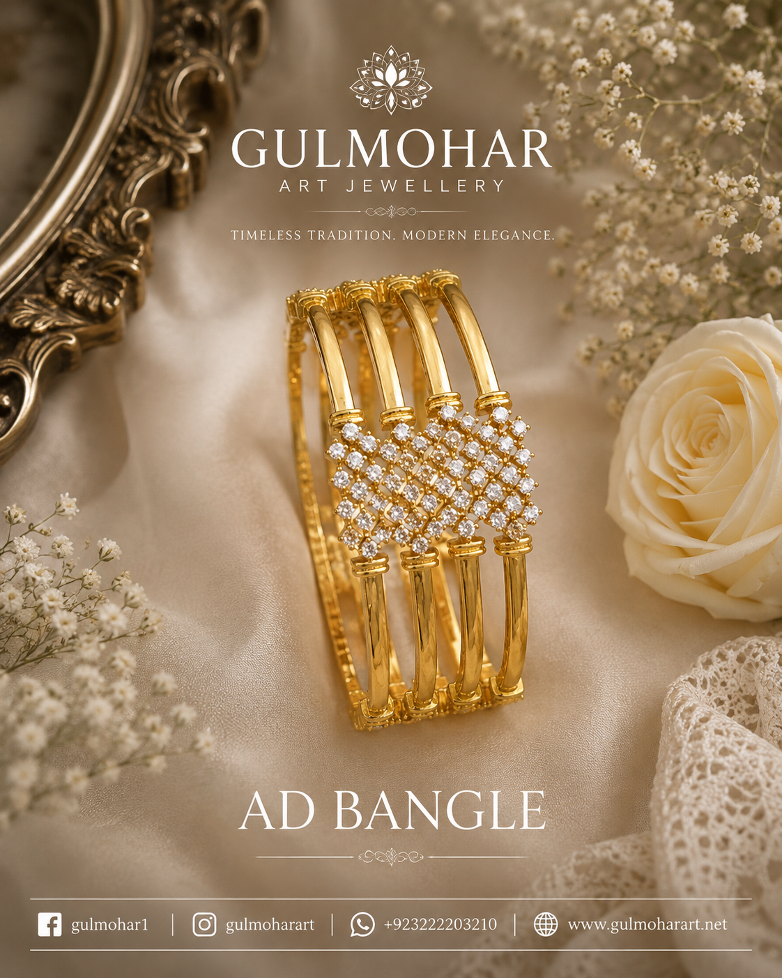 Gold plated AD bangles set of 4 studded with American diamond stones by Gulmohar Art Jewellery