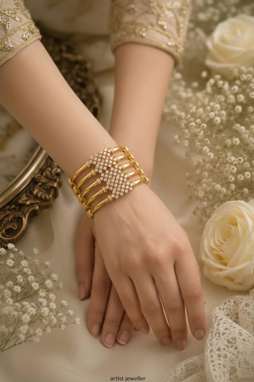Gold plated AD bangles set of 4 studded with American diamond stones by Gulmohar Art Jewellery