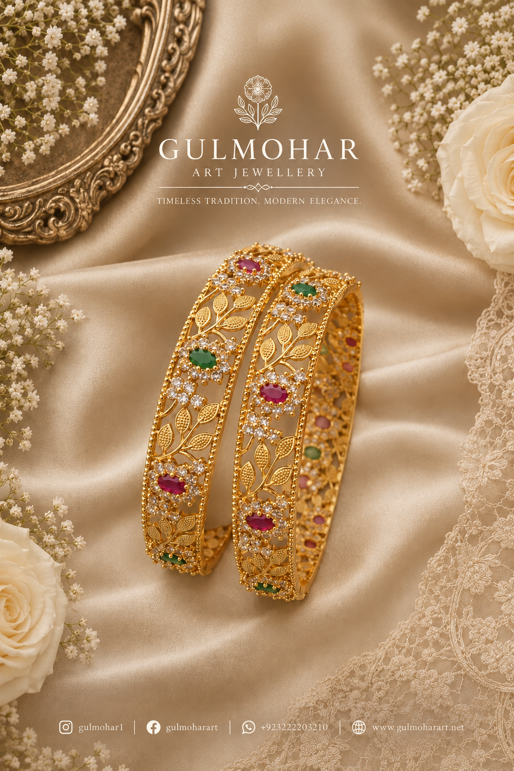 Ruby emerald floral bangles, ruby bangles, emerald bangles, floral bangles, CZ bangles, AD bangles, CZ AD bangles, South Indian bangles, South Indian jewellery, traditional South Indian bangles, gold plated bangles, 2 piece bangle set, floral design bangles, traditional bangles, bridal bangles, wedding bangles, party wear bangles, festive bangles, designer bangles, Indian bangles, Pakistani jewellery, South Indian bridal jewellery, ruby emerald jewellery