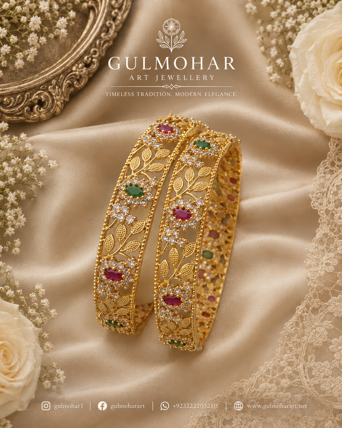 BG-11 Ruby Emerald Floral Bangles | CZ & AD 2-Piece Set