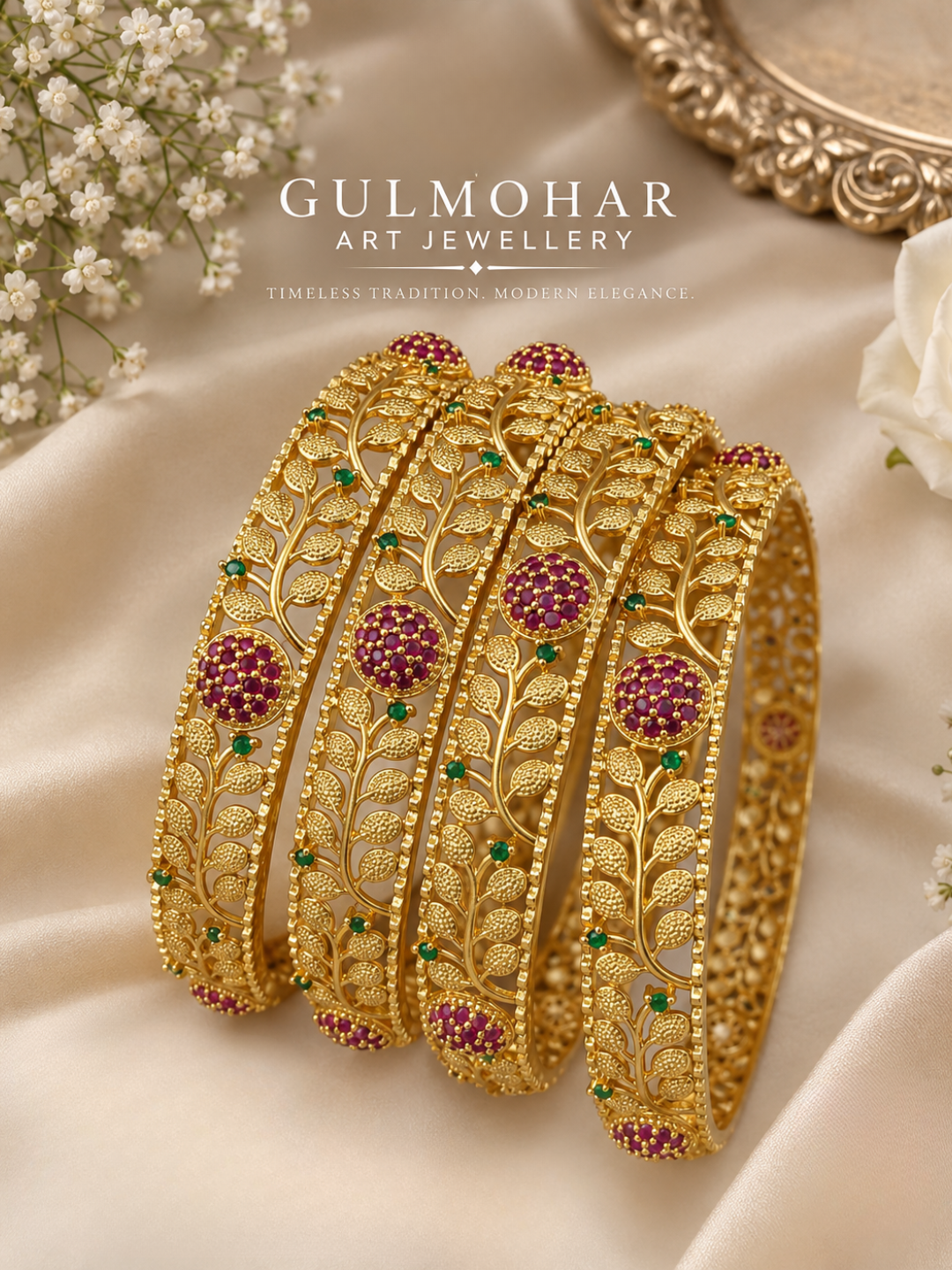 BG-13 Mate Ruby Bangles | AD Gold-Plated 4-Piece Heritage Set