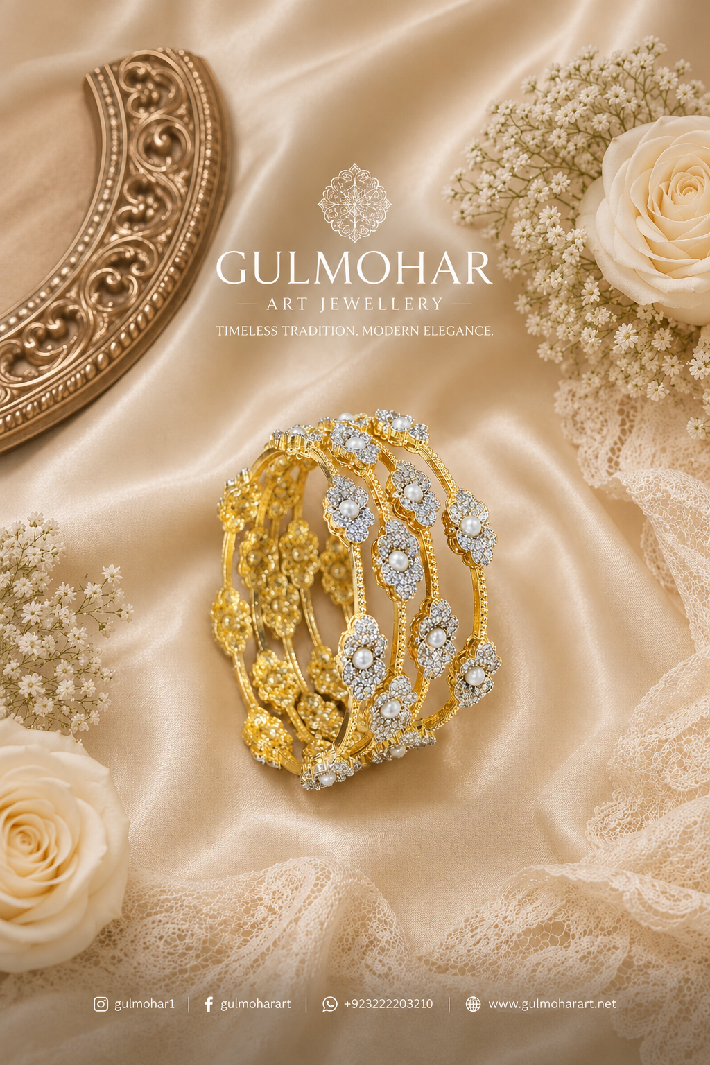Bloom Pearl Bangles, pearl bangles, CZ pearl bangles, CZ bangles, pearl bangle set, South Indian bangles, South Indian jewellery, floral bangles, floral design bangles, dual tone bangles, gold plated bangles, rhodium plated bangles, gold and rhodium bangles, 4 piece bangle set, sleek bangles, traditional bangles, bridal bangles, wedding bangles, party wear bangles, festive bangles, designer bangles, Indian bangles, Pakistani jewellery, South Indian floral bangles