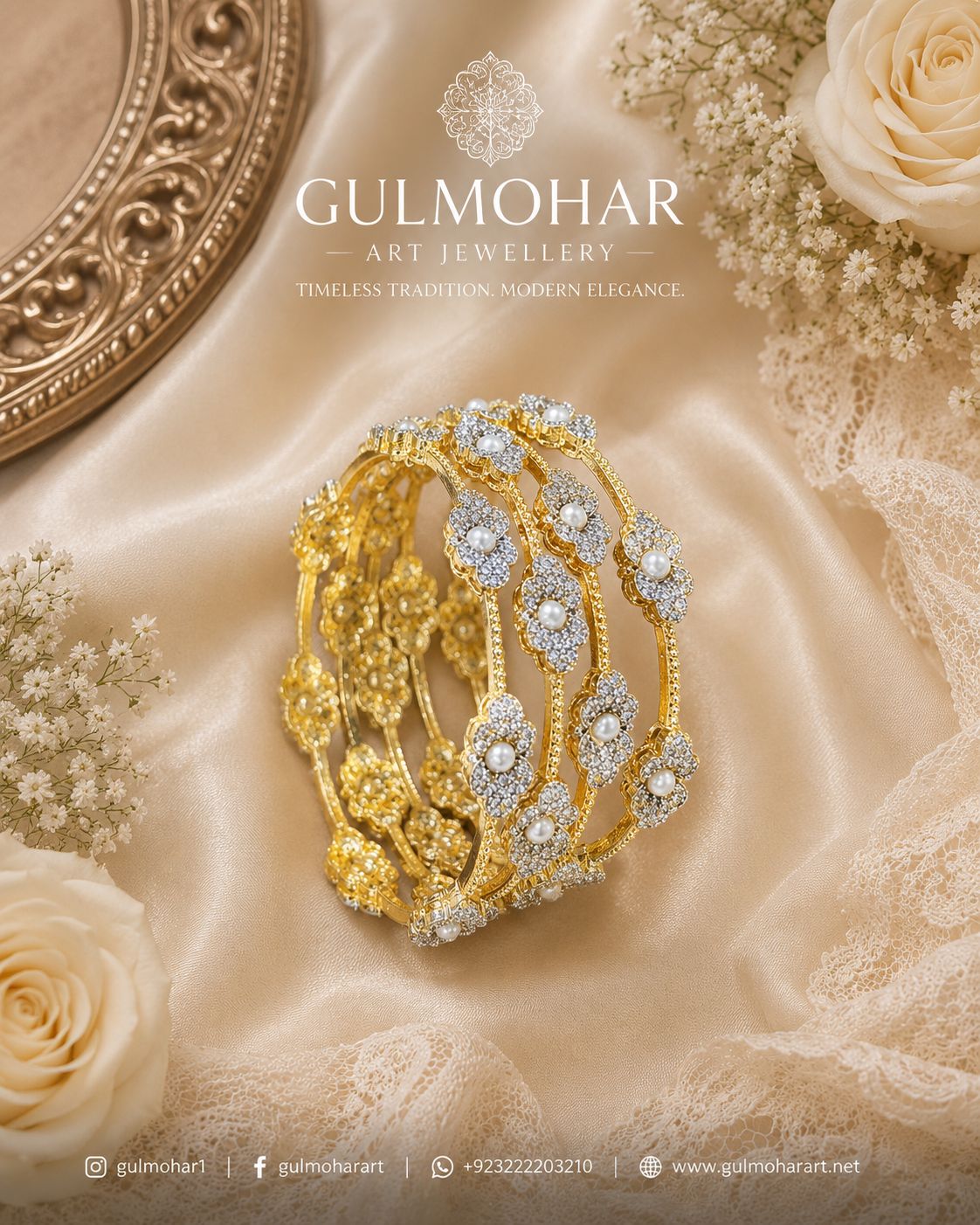 Bloom Pearl Bangles, pearl bangles, CZ pearl bangles, CZ bangles, pearl bangle set, South Indian bangles, South Indian jewellery, floral bangles, floral design bangles, dual tone bangles, gold plated bangles, rhodium plated bangles, gold and rhodium bangles, 4 piece bangle set, sleek bangles, traditional bangles, bridal bangles, wedding bangles, party wear bangles, festive bangles, designer bangles, Indian bangles, Pakistani jewellery, South Indian floral bangles