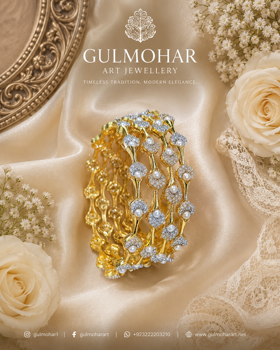 Pearl Petal Bangles, pearl bangles, CZ pearl bangles, CZ bangles, pearl bangle set, South Indian bangles, South Indian jewellery, floral bangles, petal bangles, floral design bangles, dual tone bangles, gold plated bangles, rhodium plated bangles, gold and rhodium bangles, 4 piece bangle set, sleek bangles, traditional bangles, bridal bangles, wedding bangles, party wear bangles, festive bangles, designer bangles, Indian bangles, Pakistani jewellery, South Indian floral bangles