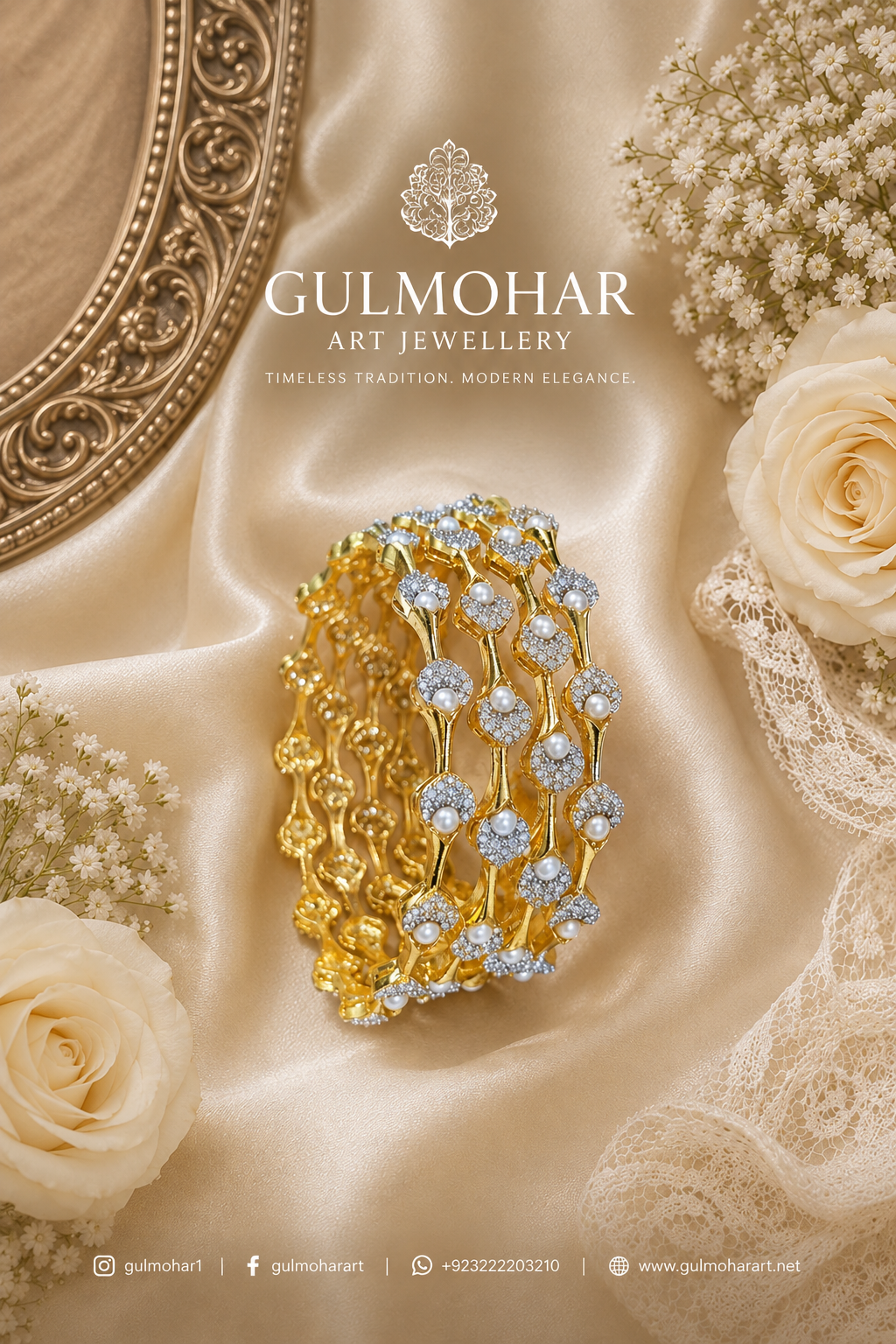 Pearl Petal Bangles, pearl bangles, CZ pearl bangles, CZ bangles, pearl bangle set, South Indian bangles, South Indian jewellery, floral bangles, petal bangles, floral design bangles, dual tone bangles, gold plated bangles, rhodium plated bangles, gold and rhodium bangles, 4 piece bangle set, sleek bangles, traditional bangles, bridal bangles, wedding bangles, party wear bangles, festive bangles, designer bangles, Indian bangles, Pakistani jewellery, South Indian floral bangles