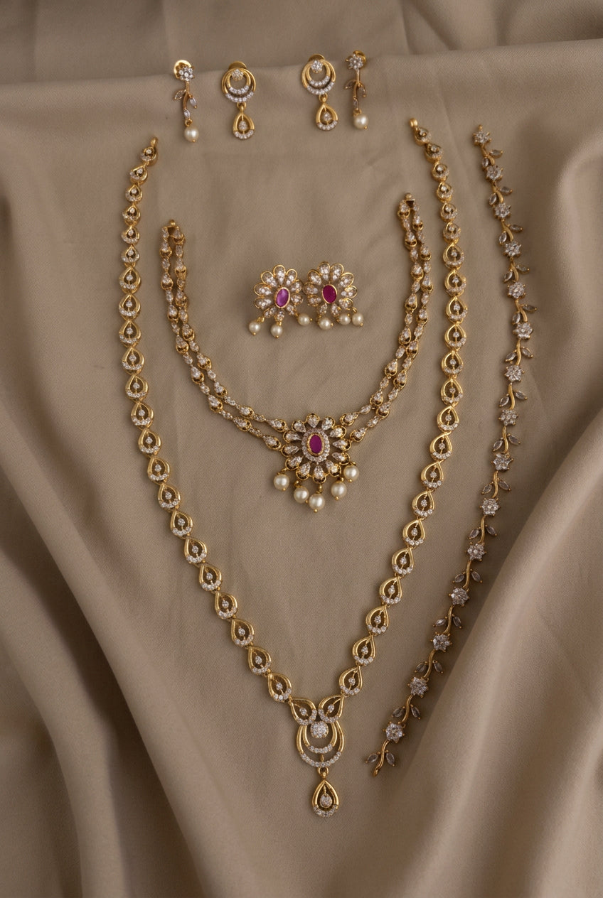 C-09: Gold Plated AD CZ 3-Piece Combo Set | Dual Layer, Sleek Necklace & Mala