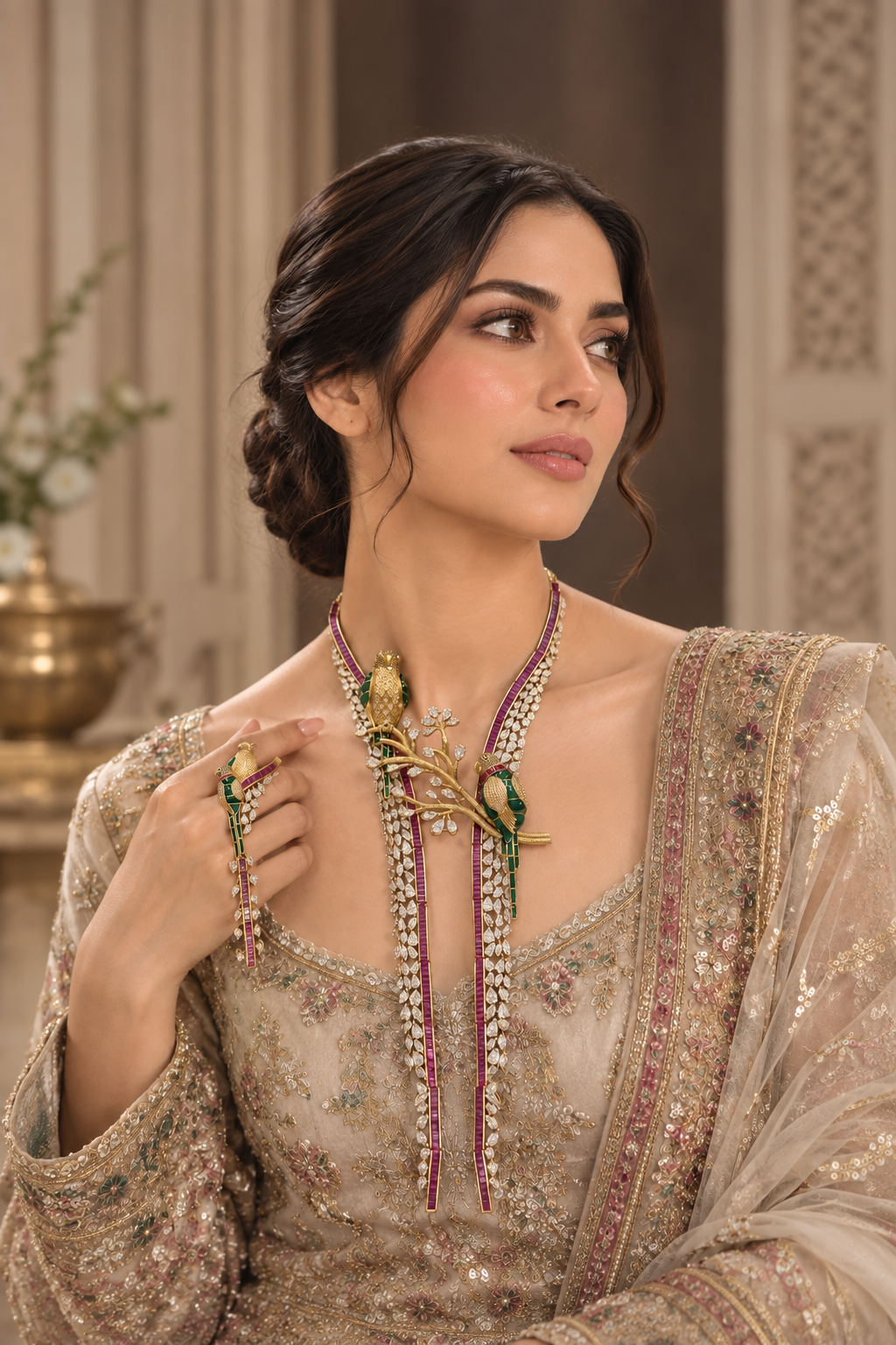 royal bird jewellery set, bird necklace set, floral statement necklace, green enamel jewellery, bridal statement jewellery, Pakistani bridal jewellery, Indian bridal jewellery, luxury necklace set, designer necklace set, statement jewellery set, wedding jewellery set, bridal necklace earrings set, green stone necklace, marquise stone necklace, magenta stone jewellery, floral bridal necklace, royal jewellery set, Pakistani wedding jewellery, traditional statement jewellery, Gulmohar jewellery