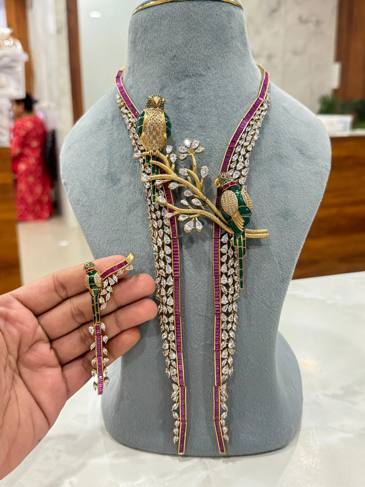 FU-01 Royal Bird & Flora Statement Necklace Set | Gulmohar