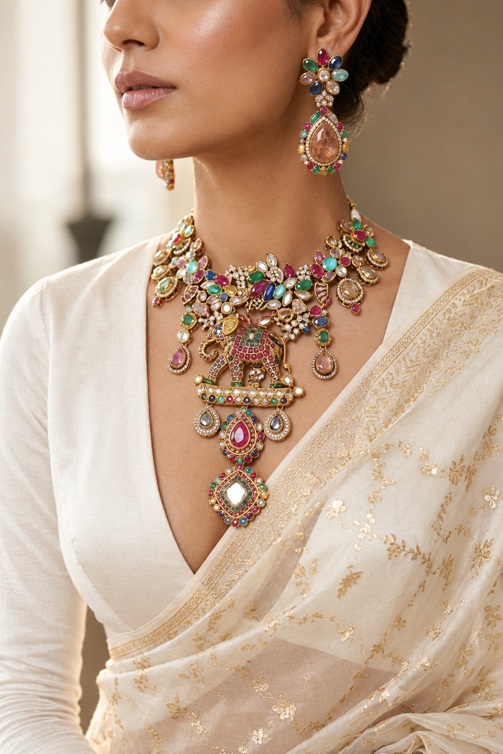 Pastel fusion gold-plated jewelry set with semi-precious stones, elephant motif necklace and matching earrings