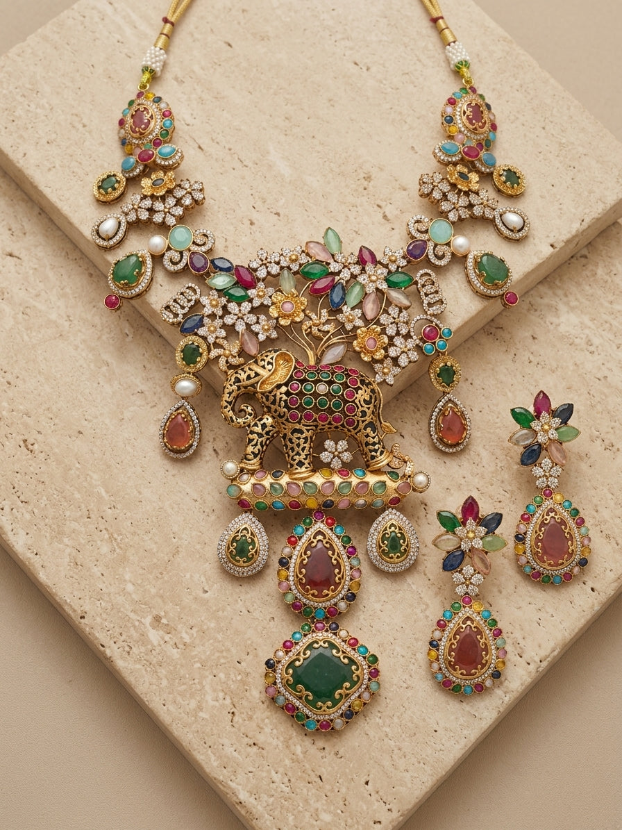 FU-02 Pastel Fusion Elephant Jewelry Set | Gold Plated