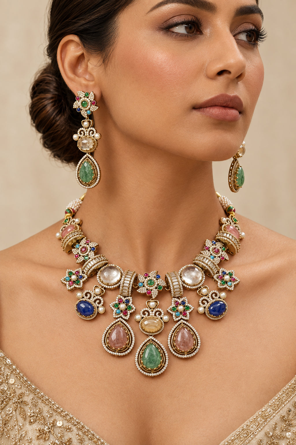 Sabyasachi inspired necklace set, Gold plated fusion jewelry, Multi gemstone necklace set, Designer bridal fusion set, Sabyasachi style statement earrings