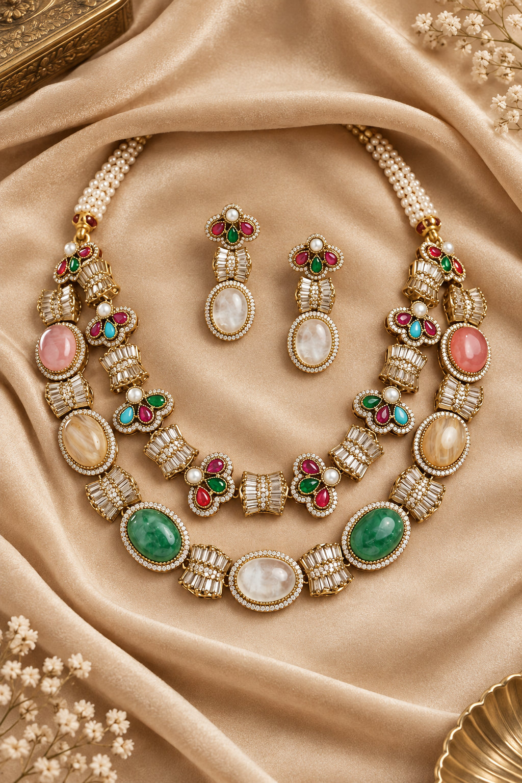 Double layer fusion necklace set, Sabyasachi inspired 2 layer necklace, Gold plated multi gemstone necklace, Designer layered bridal jewelry, Sabyasachi style double strand necklace set