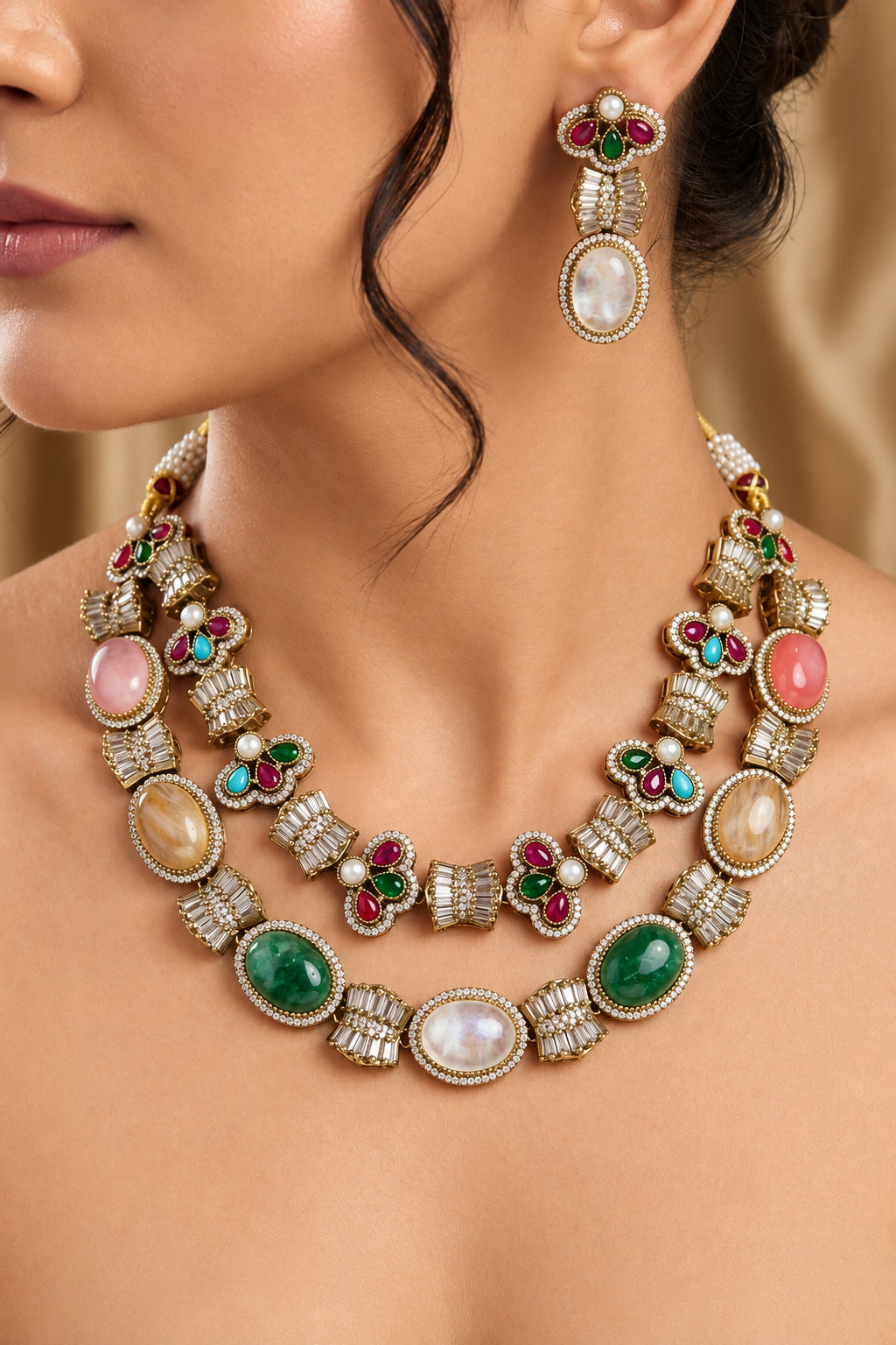 Double layer fusion necklace set, Sabyasachi inspired 2 layer necklace, Gold plated multi gemstone necklace, Designer layered bridal jewelry, Sabyasachi style double strand necklace set