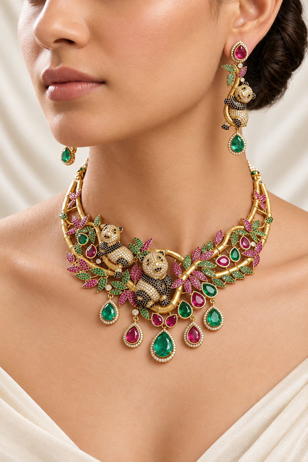 Sabyasachi inspired jungle collection, Panda motif necklace set, Jungle theme gold necklace, Designer multi gemstone necklace, Sabyasachi style animal motif jewelry