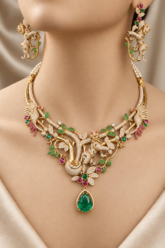 Sabyasachi inspired jungle collection, Leopard motif necklace set, Jungle theme gold necklace, Designer emerald drop necklace, Sabyasachi style animal motif jewelry