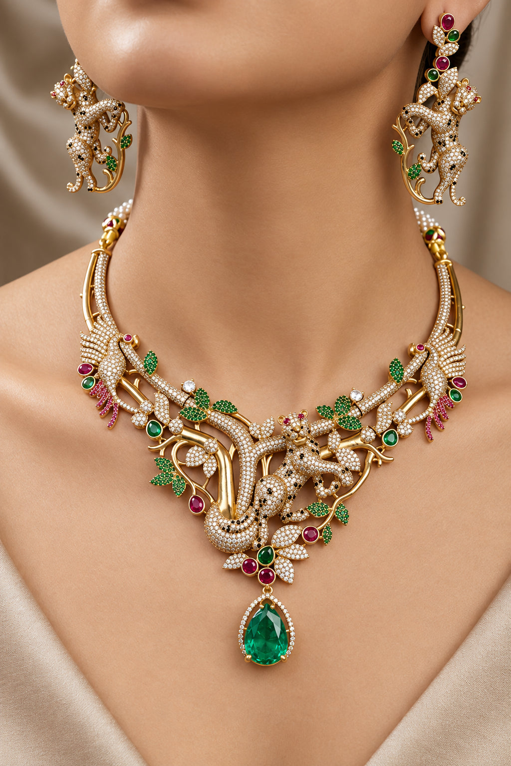 Close-up of model wearing Sabyasachi-inspired Jungle Collection gold-plated necklace with leopard and bird motifs, emerald drop, and matching leopard earrings