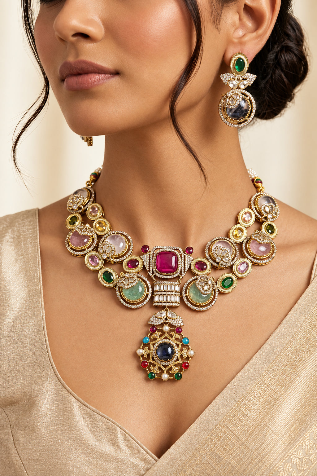 FU-08: Gold Plated Sabyasachi Style Multi-Gemstone Necklace Set